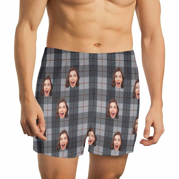 FacePajamas Men Underwear-shorts Custom Face Gray Line Plaid Boxer Shorts Pure Cotton Shorts for Men