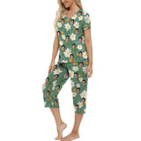 FacePajamas Pajama 7 Set-2ML-1688 Custom Face Green Flowers Women's Loungewear Set Short Sleeve Shirt and Capri Pants Sleepwear Pajama Set