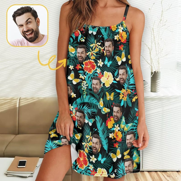 FacePajamas Pajama-2ML-ZD Custom Face Green Flowers Women Suspender Nightdress Sleeveless Nightgown Soft Sleep Dress