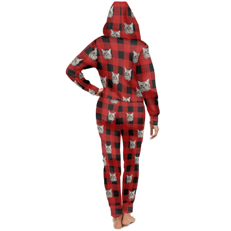 FacePajamas Hooded Onesie-2ML-ZD Custom Face Grid Red Family Hooded Onesie Jumpsuits with Pocket Personalized Zip One-piece Pajamas for Adult kids