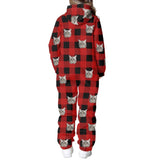 FacePajamas Hooded Onesie-2ML-ZD Custom Face Grid Red Family Hooded Onesie Jumpsuits with Pocket Personalized Zip One-piece Pajamas for Adult kids
