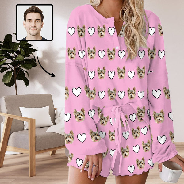 FacePajamas Women Long Sleeve Short Pants Set Custom  Face Heart Pink Long Sleeve Mid-Length Shorts Pajama Set