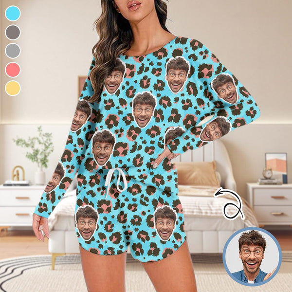 FacePajamas Pajama Long Tracksuit Custom Face Leopard Print Women's Long Sleeve Scoop Neck Short Pajama Set