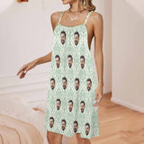 FacePajamas Pajama-2ML-ZD Custom Face Light Green Floral Women Suspender Nightdress Sleeveless Nightgown Soft Sleep Dress