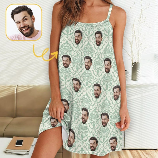 FacePajamas Pajama-2ML-ZD Custom Face Light Green Floral Women Suspender Nightdress Sleeveless Nightgown Soft Sleep Dress