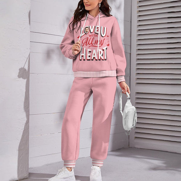 FacePajamas Hoodie Set-2WH-SDS Custom Face Love U Pink Hoodie Sweatpant Set Personalized Unisex Loose Hoodie Top Outfits