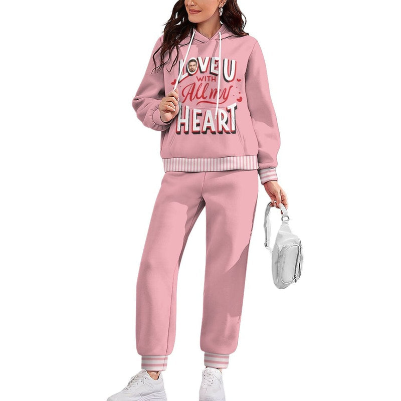 FacePajamas Hoodie Set-2WH-SDS Custom Face Love U Pink Hoodie Sweatpant Set Personalized Unisex Loose Hoodie Top Outfits