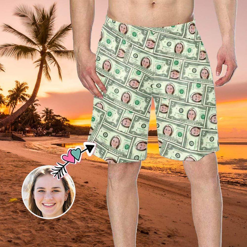 FacePajamas Beach Shorts Custom Face Money Personalized Photo Men's Elastic Beach Shorts