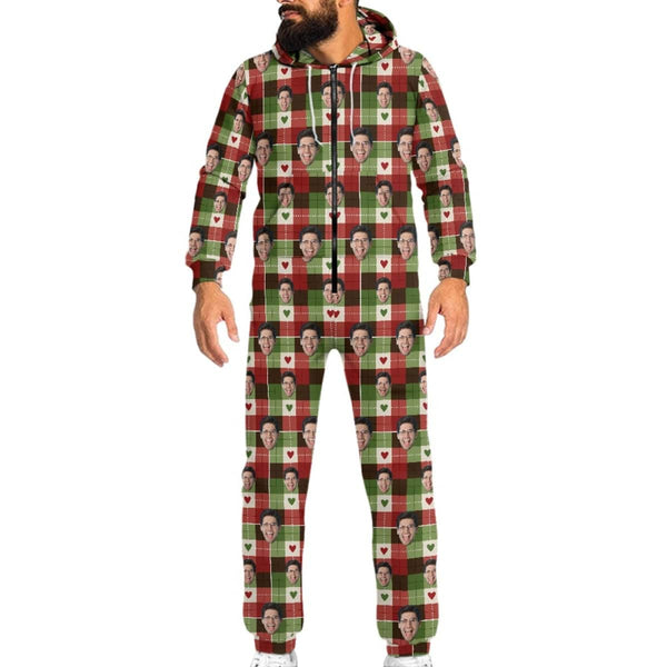 FacePajamas Hooded Onesie-2ML-ZD Custom Face Red&Green Grid Unisex Adult Hooded Onesie Jumpsuits with Pocket Personalized Zip One-piece Pajamas for Men and Women