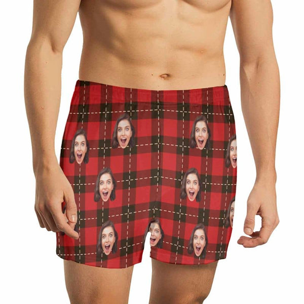 FacePajamas Men Underwear-shorts Custom Face Red Plaid Boxer Shorts Pure Cotton Shorts for Men