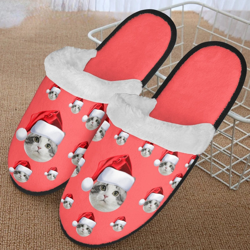 FacePajamas Slippers-2ML-ZD Custom Face Santa Hat Fuzzy Slippers for Women and Men Christmas Personalized Photo Non-Slip Slippers Indoor Warm House Shoes