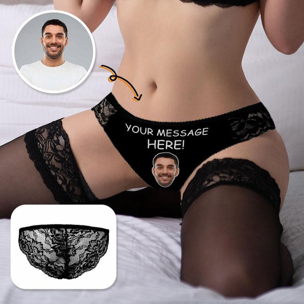 FacePajamas Women Underwear Custom Face&Text Underwear Print Your Message Here Personalized Women's Lace Panty Honeymoon Gift Valentine's Day Gift