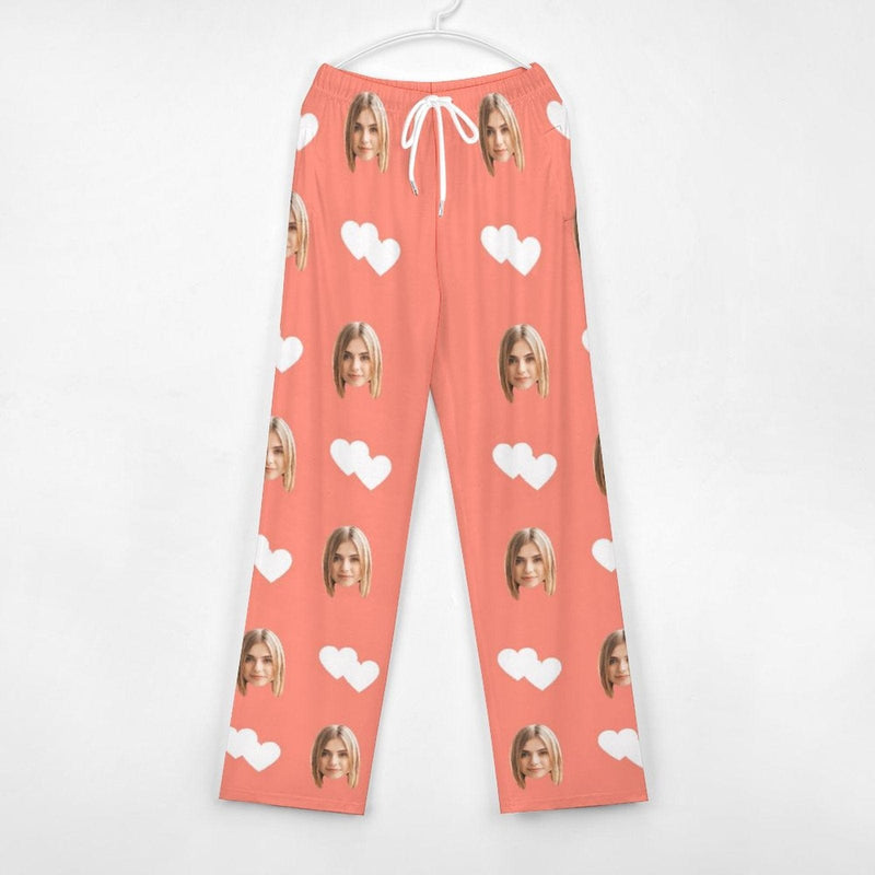 FacePajamas Pajama Pants& Bandana-2ML-SDS Custom Face White Heart Pink Background Pajama Pants and Pet Dog Bandana