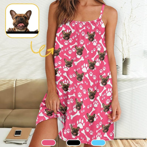 FacePajamas Pajama-2ML-ZD Custom Pet Face Pink Women Suspender Nightdress Sleeveless Nightgown Soft Sleep Dress