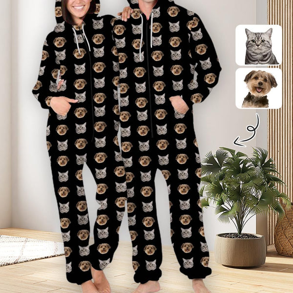 FacePajamas Hooded Onesie-2ML-ZD Custom Pet Face Unisex Adult Hooded Onesie Jumpsuits with Pocket Personalized Zip One-piece Pajamas for Men and Women