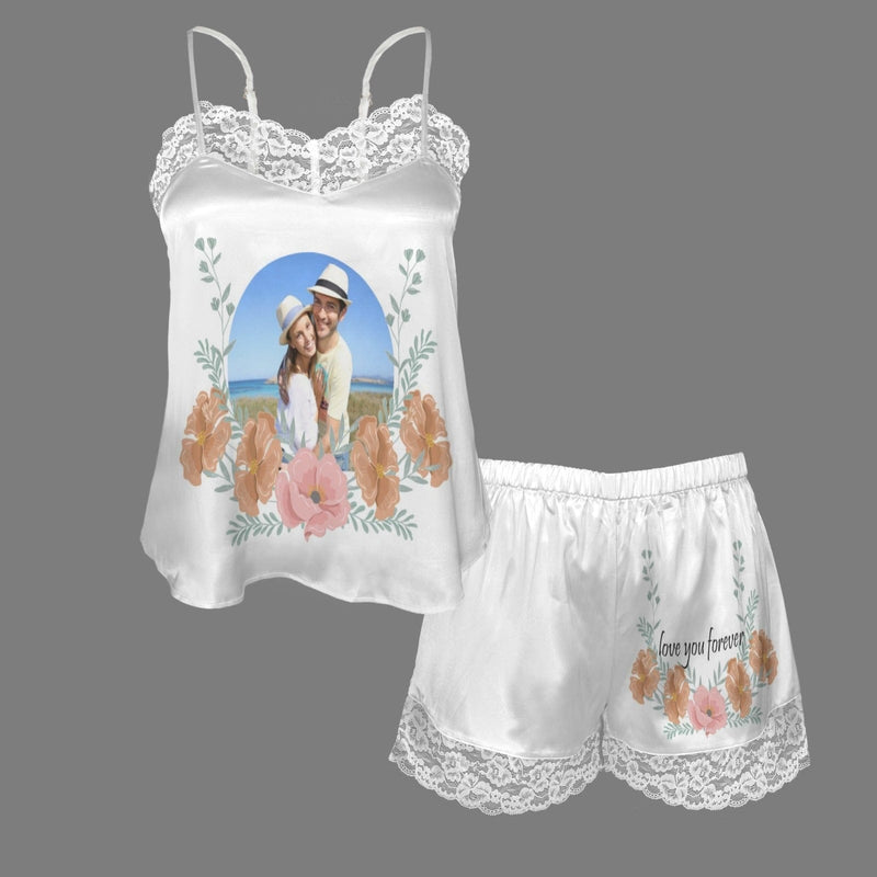 FacePajamas Pajama Cami Set-2GG-Blue Custom Photo Flowers Lace Cami Pajamas Personalized Women's Nightwear Set