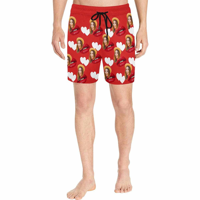 FacePajamas Swim Shorts Custom Photo Red Mouth Men's Quick Dry Swim Shorts Personalized I Love My Girlfriend Swim Trunks with Sweet Pictures