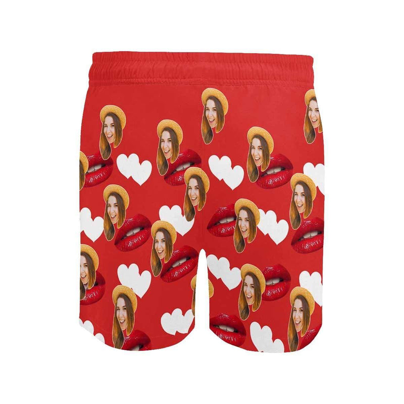 FacePajamas Swim Shorts Custom Photo Red Mouth Men's Quick Dry Swim Shorts Personalized I Love My Girlfriend Swim Trunks with Sweet Pictures