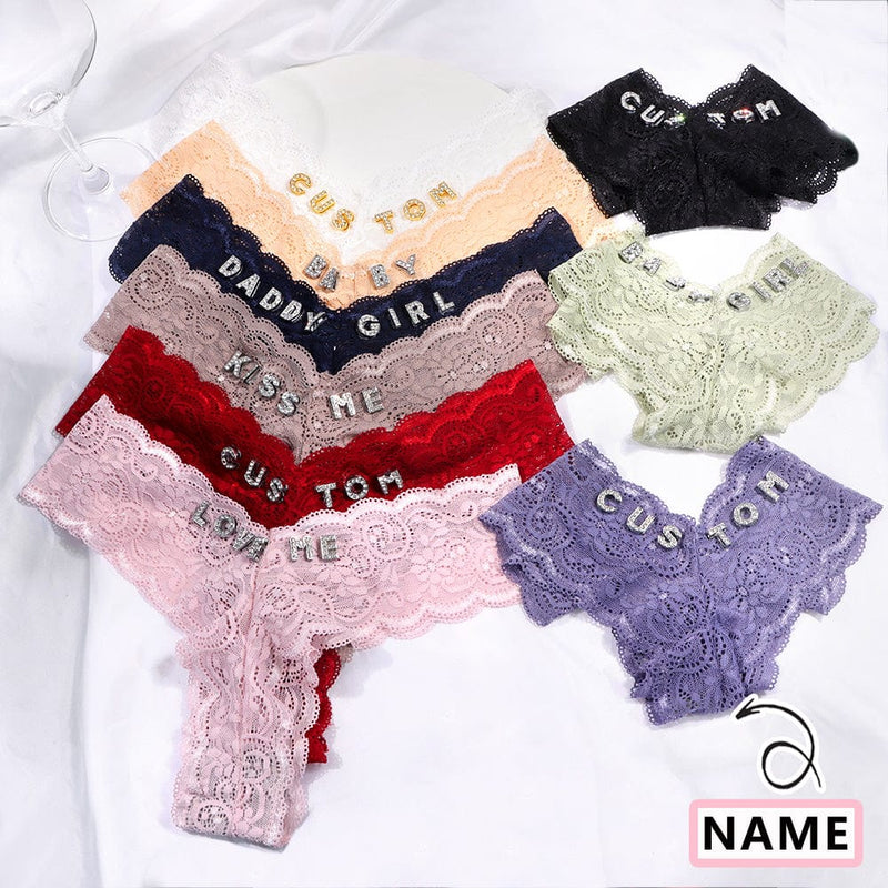 FacePajamas Women Underwear-1YN-SMT Custom Sexy lace V-string Thong With Crystal Letters For Women DIY Name Bikini Large Underwear Body Jewelry Girsl Birthday Gifts(DHL is not supported)