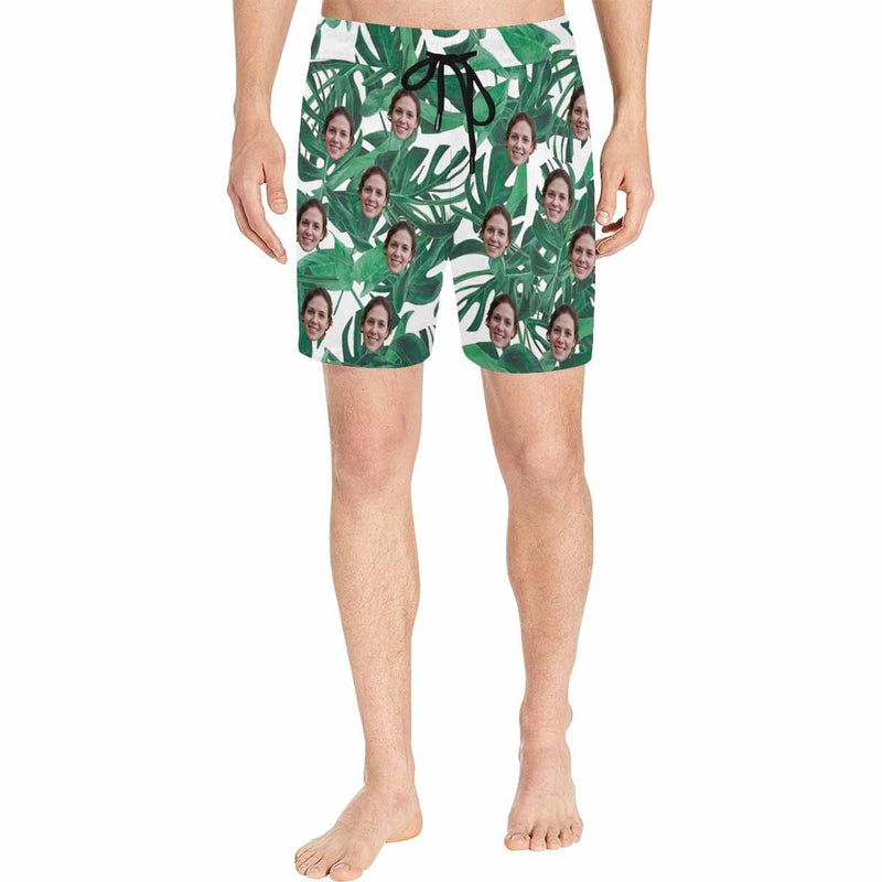 FacePajamas Swim Shorts Custom Swimming Trunks with Face Personalized Green Leaves Men's Quick Dry Swim Shorts for Holiday