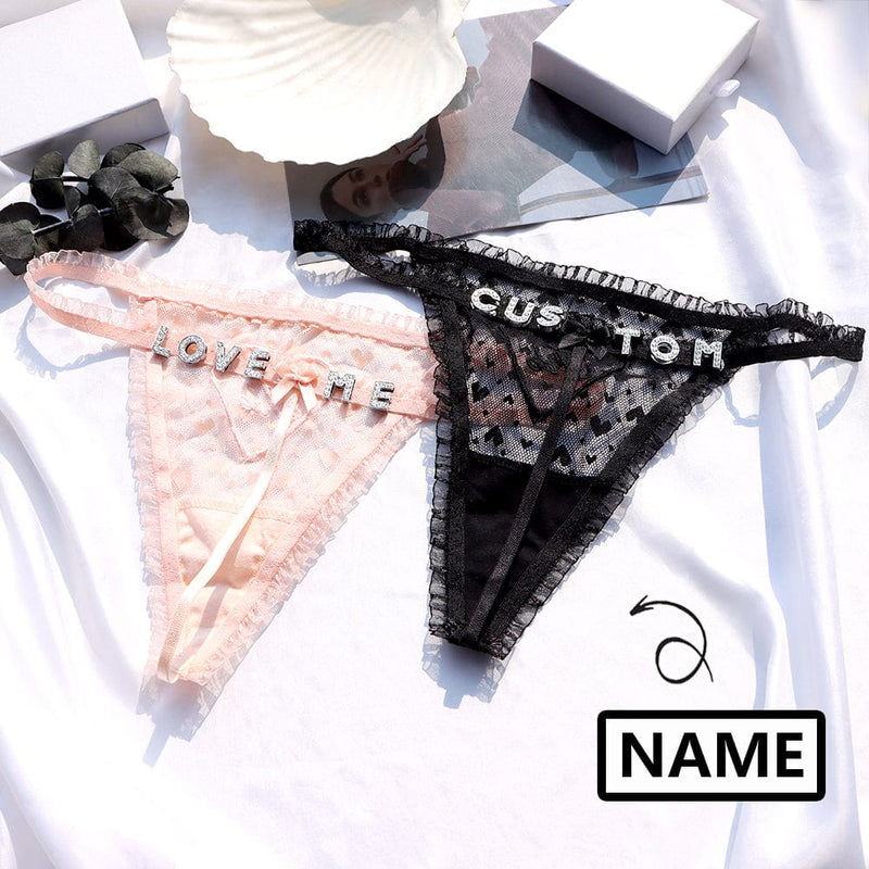 FacePajamas Women Underwear-1YN-SMT Customized Name Crystal Letter Lace with Heart Panties Women Underwear Briefs Thong Transparent Lingerie G string Intimates Girls Gift(DHL is not supported)