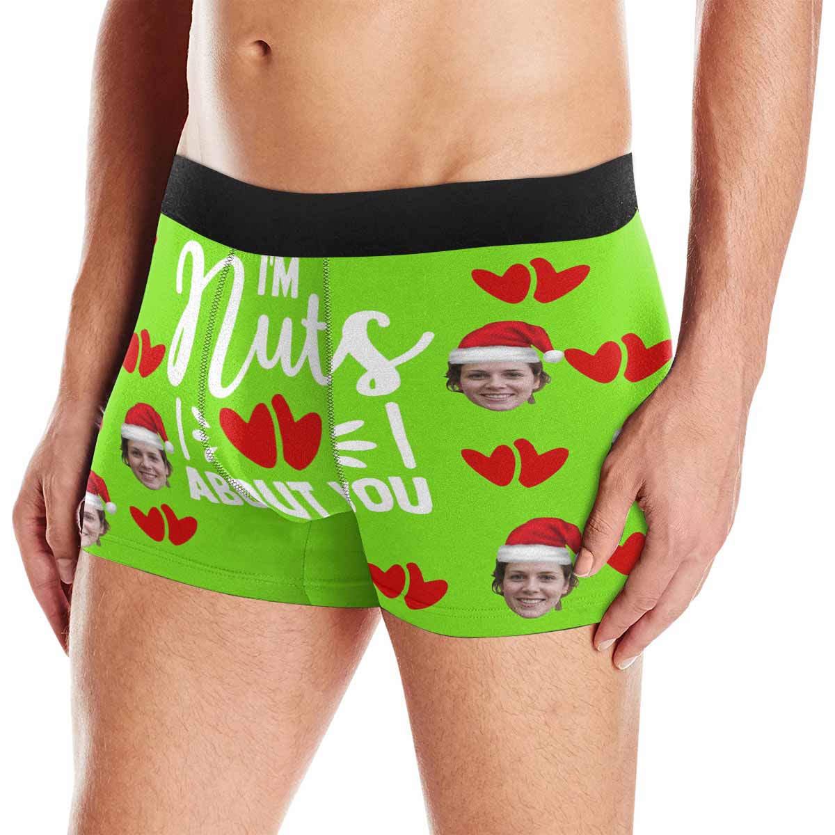 FacePajamas Men Underwear Face with Santa Hat / Green / XS Custom Face Boxer Briefs I'm Nuts About You Personalized Photo Undies Face Boxer Underwear Valentine's Day for Him