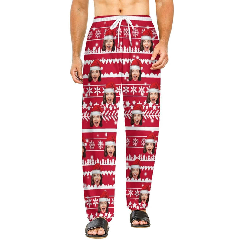 FacePajamas Pajama Pants& Bandana-2ML-SDS For Adult-Red Pajama Pants / S Custom Face Christmas Red Hat Snowflake Pajama Pants and Pet Dog Bandana