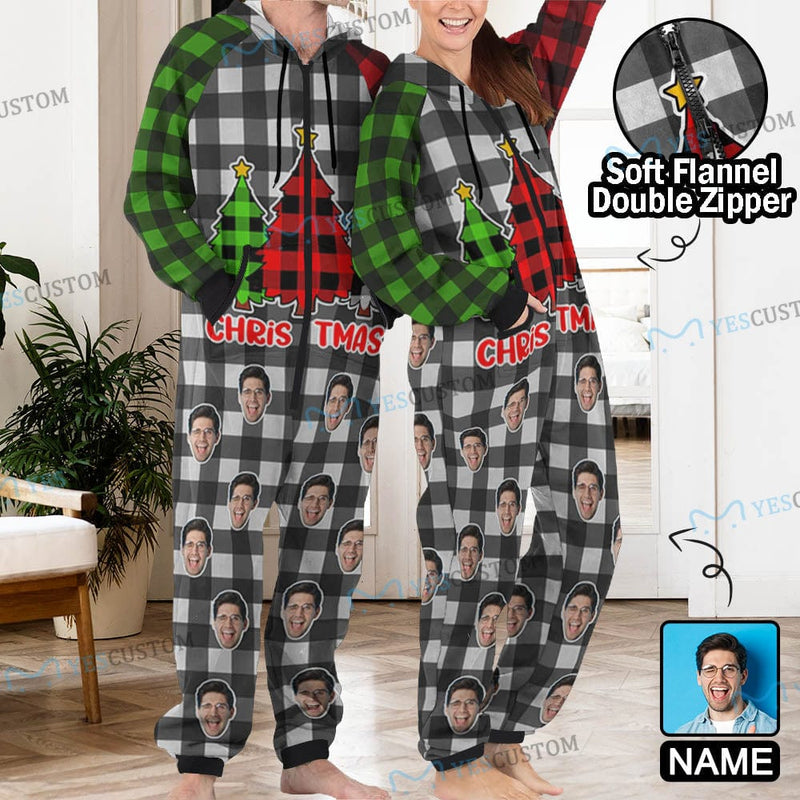 FacePajamas Pajama Adult Onesie Funny Flannel Fleece Adult Onesie Pajamas Custom Face Christmas Red-Green Splice Jumpsuit Homewear