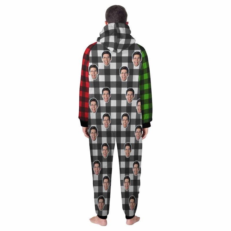 FacePajamas Pajama Adult Onesie Funny Flannel Fleece Adult Onesie Pajamas Custom Face Christmas Red-Green Splice Jumpsuit Homewear