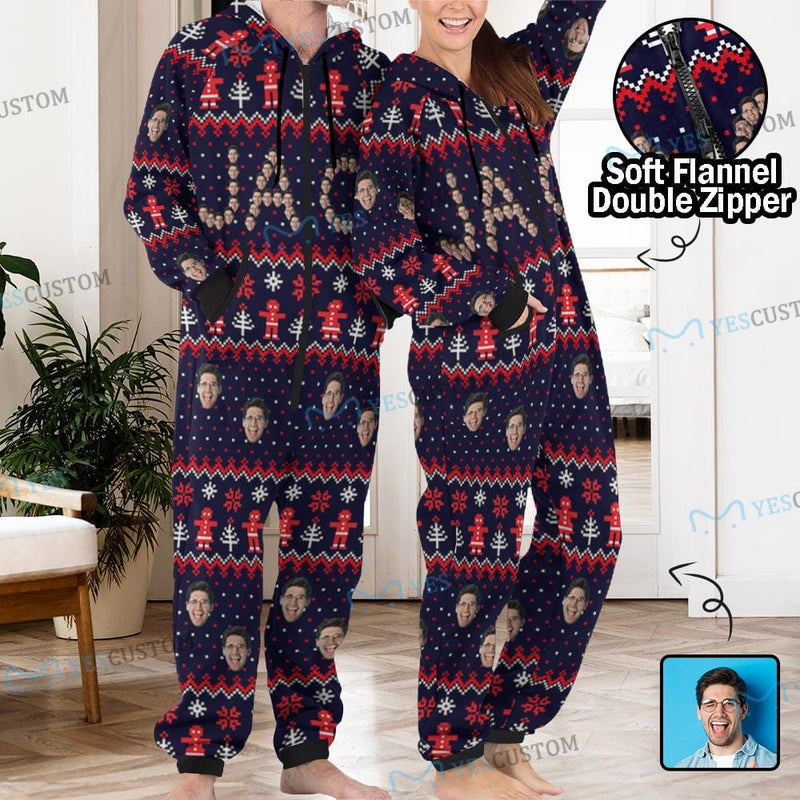 FacePajamas Pajama Adult Onesie Funny Flannel Fleece Adult Onesie Pajamas Custom Face Christmas Snow Printed Jumpsuit Homewear