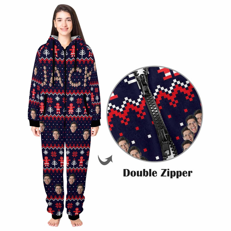 FacePajamas Pajama Adult Onesie Funny Flannel Fleece Adult Onesie Pajamas Custom Face Christmas Snow Printed Jumpsuit Homewear