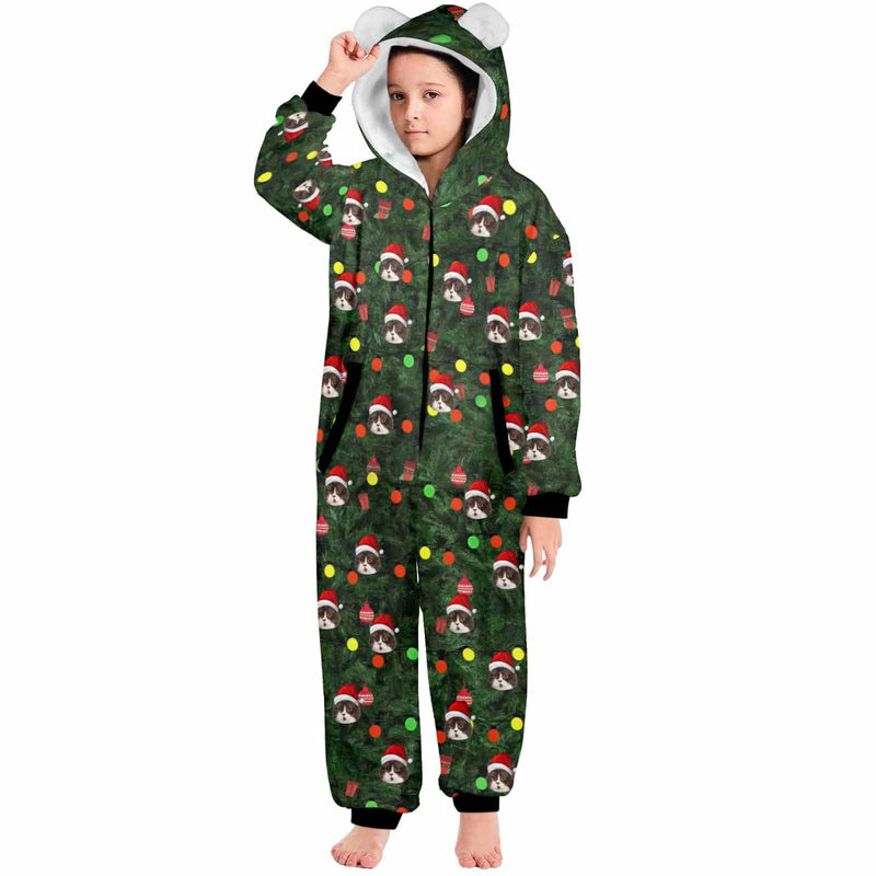 FacePajamas Pajama Adult Onesie Kid / 8-9Y [Thick Soft Fabric] Funny Flannel Fleece Adult Onesie Pajamas Custom Face Christmas Tree Lights Printed Jumpsuit Homewear