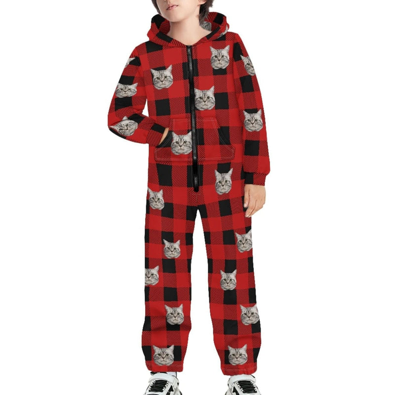 FacePajamas Hooded Onesie-2ML-ZD Kid / S Custom Face Grid Red Family Hooded Onesie Jumpsuits with Pocket Personalized Zip One-piece Pajamas for Adult kids