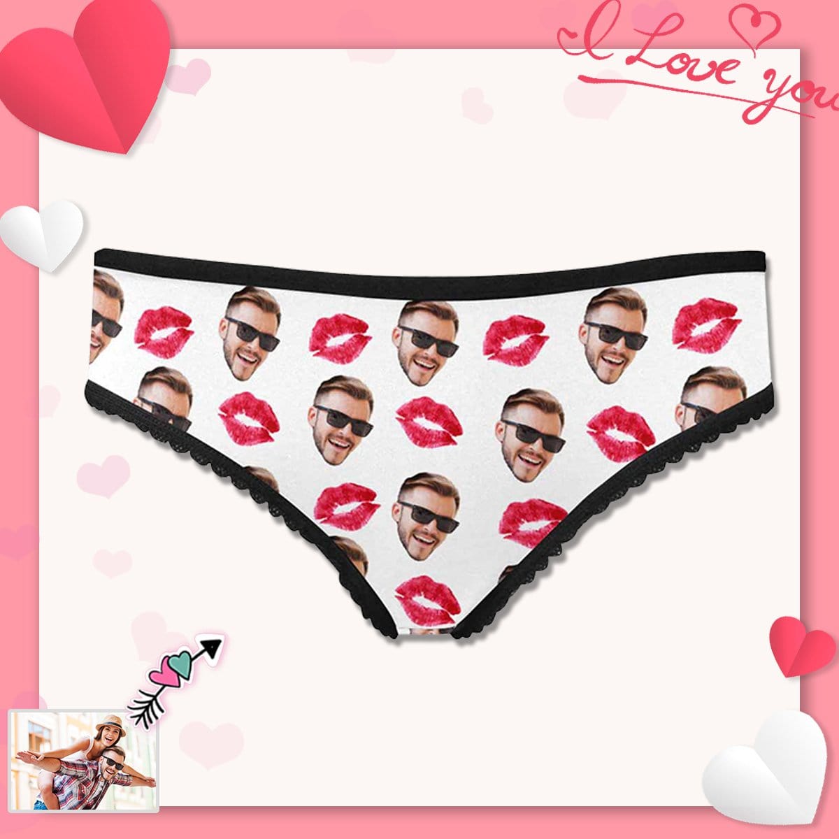 FacePajamas Women Underwear L Custom Face Underwear Printed Sexy Red Lips Personalized Women's High-cut Briefs For Valentine's Day Gift