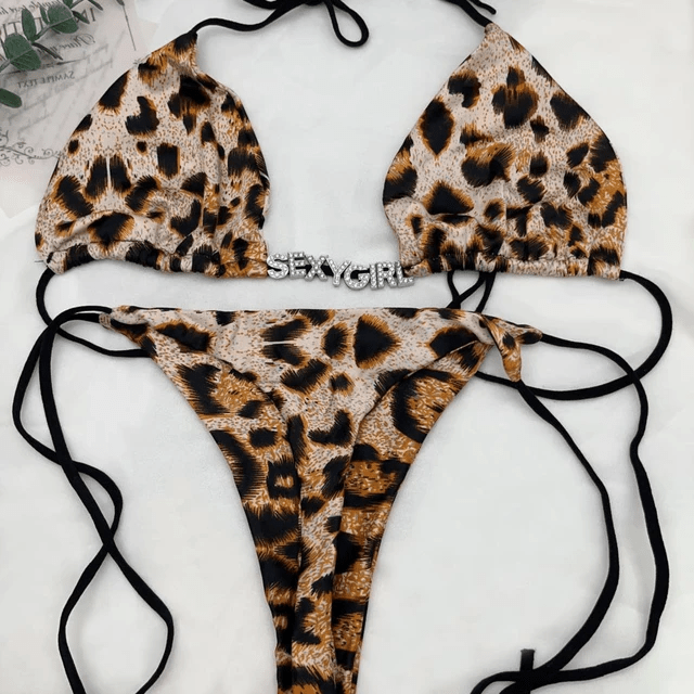 FacePajamas Bikini-2GG-SMT Leopard / S Custom Name Triangle Bikini Sets DIY Crystal Letters Personality Swimwear Beach Body Jewelry(Custom 1-7 Letters)