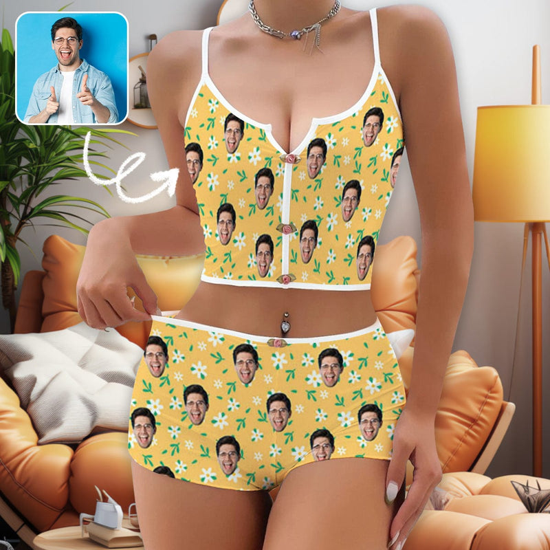 FacePajamas Pajama Lingerie Set Photo Custom Husband Face Flowers Print Yellow Background Sleepwear Appliques Notched Neckline Lingerie Set Pajamas Bachelorette party