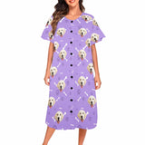 FacePajamas Pajama Dress Purple / XS Custom Dag Face Dog Bone Women's Nightshirt Short Sleeve Button Down Nightgown V-Neck Sleepwear Pajama Dress