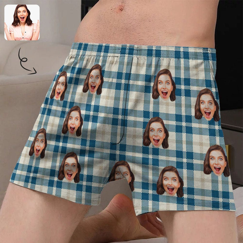 FacePajamas Men Underwear-shorts S Custom Face Blue Line Plaid Boxer Shorts Pure Cotton Shorts for Men