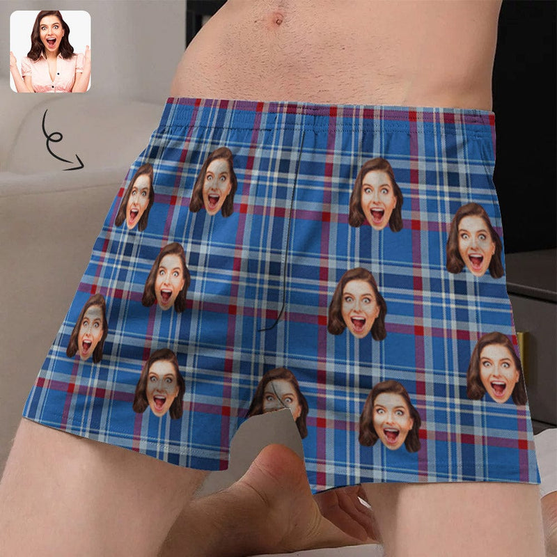 FacePajamas Men Underwear-shorts S Custom Face Blue&Red Plaid Boxer Shorts Pure Cotton Shorts for Men