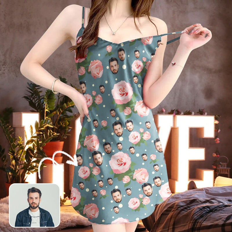 FacePajamas Pajama Dress-1YN-Blue S Custom Face Flowers Women's Cami V-Neck Suspenders Nightdress Valentine's Day Pajama Gifts for Her