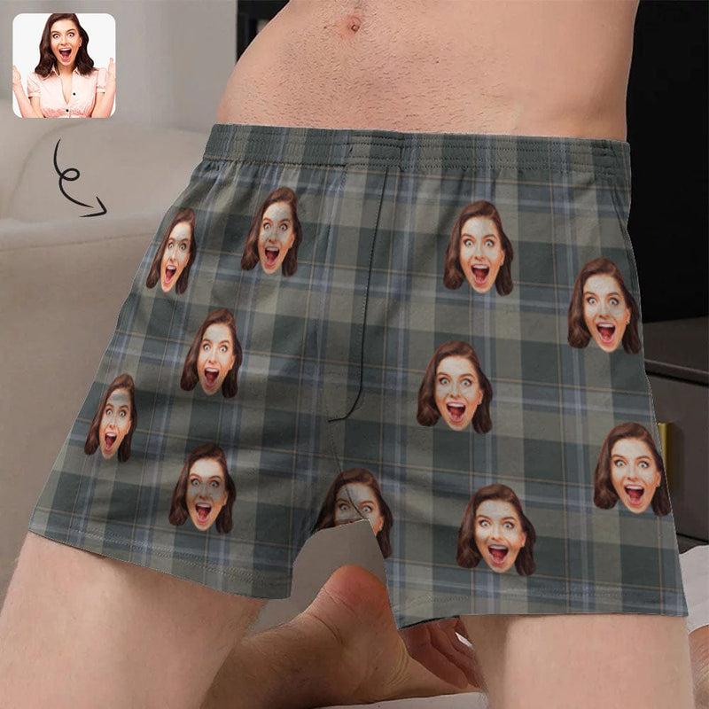 FacePajamas Men Underwear-shorts S Custom Face Gray Plaid Boxer Shorts Pure Cotton Shorts for Men