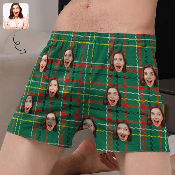 FacePajamas Men Underwear-shorts S Custom Face Green Plaid Boxer Shorts Pure Cotton Shorts for Men