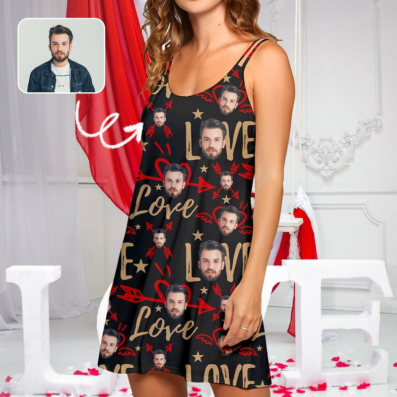 FacePajamas Pajama Dress-1YN-Blue S Custom Face Love Heart Women's Cami Racer Back Nightdresses Valentine's Day Pajama Gifts for Her