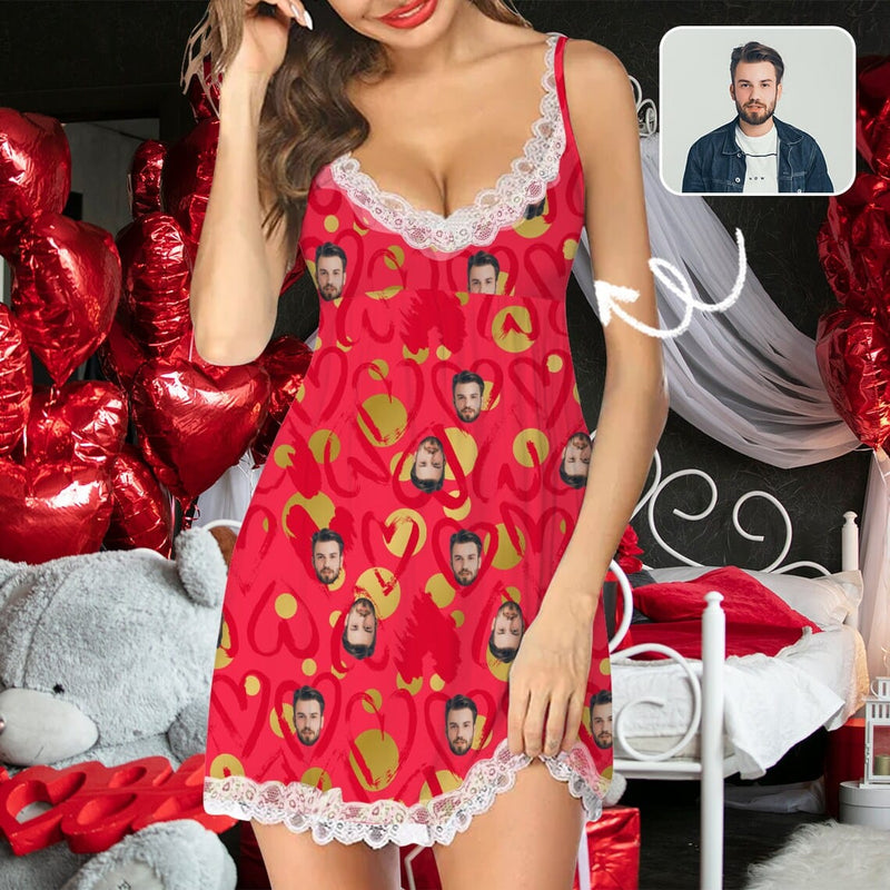 FacePajamas Pajama Dress-1YN-Blue S Custom Face Red Heart Women's Cami V-Neck Lace Suspenders Nightdress Valentine's Day Pajama Gifts for Her