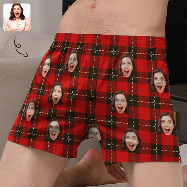 FacePajamas Men Underwear-shorts S Custom Face Red Plaid Boxer Shorts Pure Cotton Shorts for Men