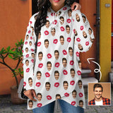 FacePajamas Hoodie-W-2WH-SDS S Custom Face Women's Mid-length Hoodies Red Lips Design Your Own Hoodie Personalized Loose Cross Hem Hooded Pullover