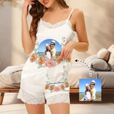 FacePajamas Pajama Cami Set-2GG-Blue S Custom Photo Flowers Lace Cami Pajamas Personalized Women's Nightwear Set