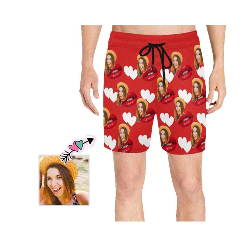 FacePajamas Swim Shorts S Custom Photo Red Mouth Men's Quick Dry Swim Shorts Personalized I Love My Girlfriend Swim Trunks with Sweet Pictures