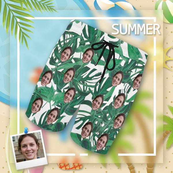 FacePajamas Swim Shorts S Custom Swimming Trunks with Face Personalized Green Leaves Men's Quick Dry Swim Shorts for Holiday