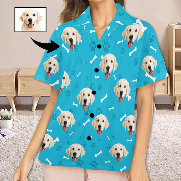 FacePajamas Pajama Tops S / Only Shirts Custom Face Blue Paws&Bone Women's V-Neck Short Sleeve Pajama Tops Bottoms Personalized Pajamas Loungewear